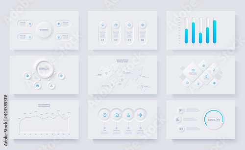 Nine slides with neumorphic infographics elements. Circles, rings, maps and charts info graphic design templates. Set of infograph concept photo