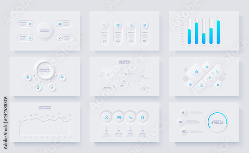 Nine slides with neumorphic infographics elements. Circles, rings, maps and charts info graphic design templates. Set of infograph concept