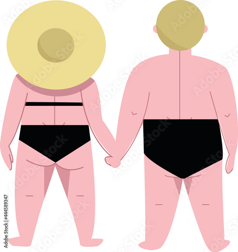 vector flat illustration of couple of man and woman standing on the beach. isolated on white backdrop. back view