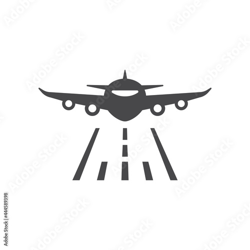 Airplane and runway black vector icon. Plane front, commercial flying symbol.