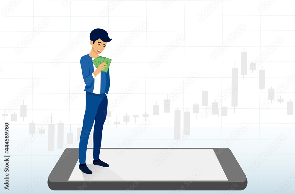 Men hold money stand on smartphone with white screen, young investing concepts, Candlestick graph buy and sell sign,internet earning cash study, winning plenty of money, vector information Men hold money stand on smartphone with white screen, young investing concepts, Candlestick graph buy and sell sign,internet earning cash study, winning plenty of money, vector information