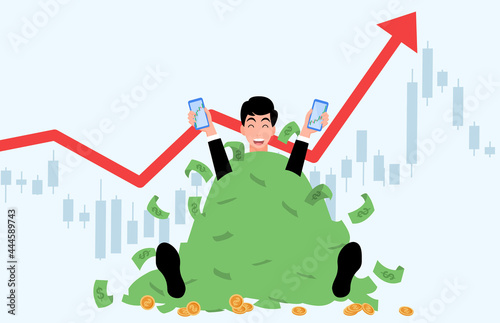 Young men sit in big pile of money hold smartphone,Trading stocks market get profit, investing concepts, Candlestick graph buy and sell sign internet earning cash study, winning plenty of money,vector