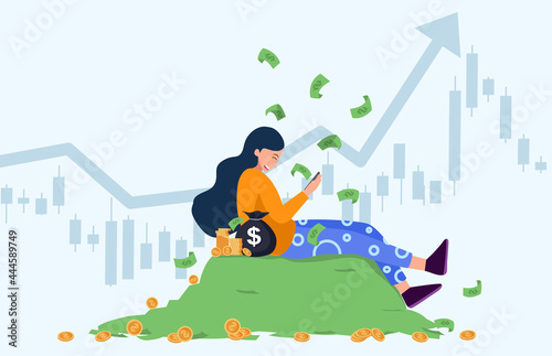 Young women sit on big pile of money hold trading stocks market with smartphone investing concepts  Candlestick graph buy and sell sign internet earning cash study  winning plenty of money vector