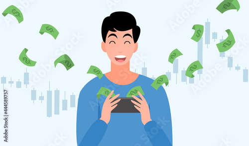 Happy young men trading stocks market get profit,money flying from smartphone, investing concepts, Candlestick graph buy and sell sign,internet earning cash study, winning plenty of money, vector