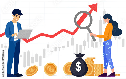 Woman hold magnifying glass trading stocks market, Men work on laptop, young  investing concepts, Candlestick graph buy and sell sign,internet earning cash study, winning plenty of money, vector