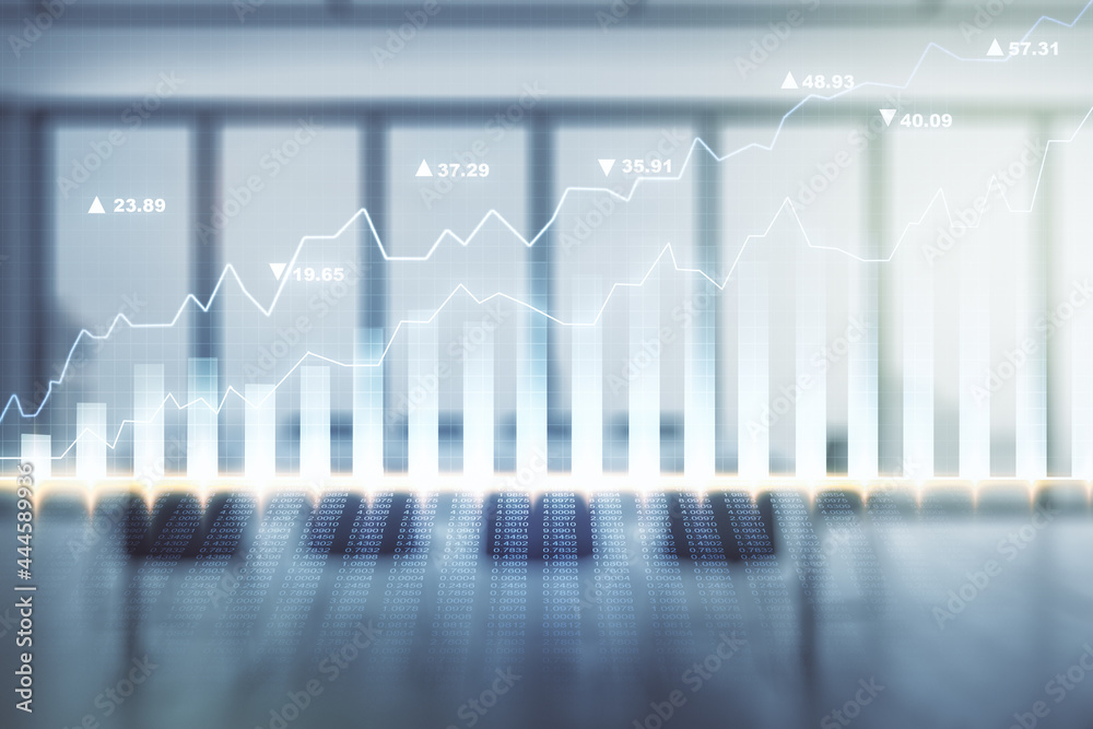 Abstract virtual financial graph hologram on a modern furnished classroom background, financial and trading concept. Multiexposure Abstract virtual financial graph hologram on a modern furnished classroom background, financial and trading concept. Multiexposure