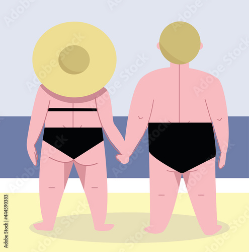 vector flat illustration of couple of man and woman standing on the beach. sea on the backdrop. back view