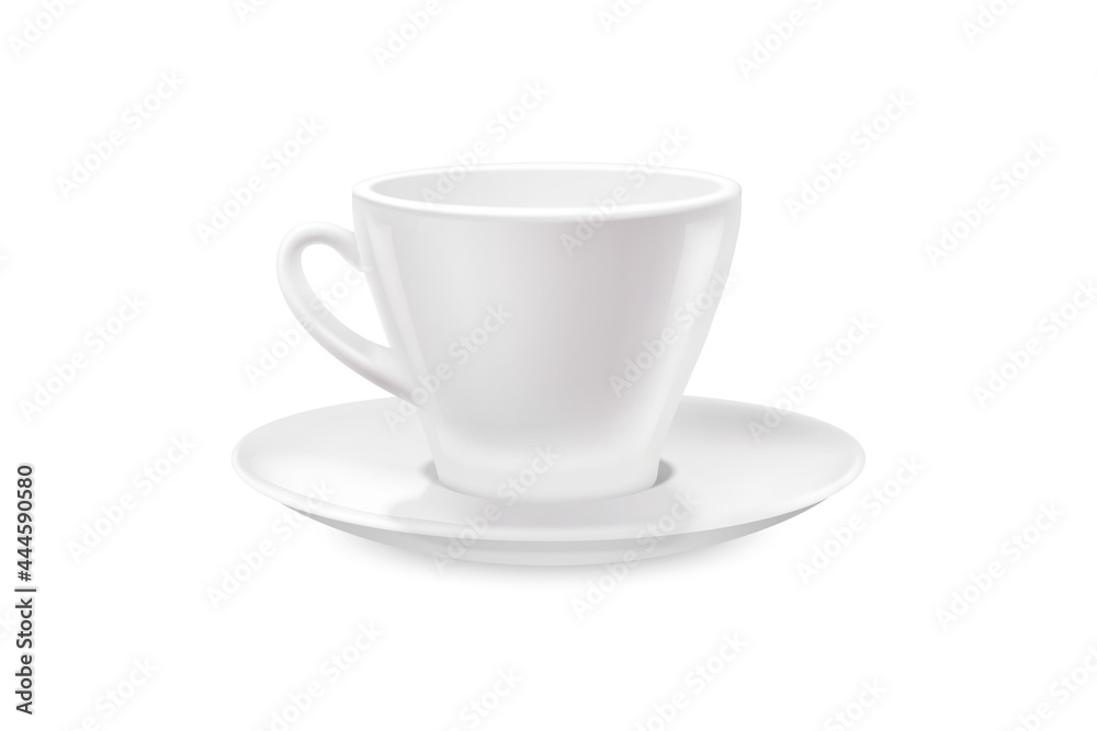 White tea cup and saucer for drink isolated on white background. Ceramic coffee cup or mug close up. Mock-up classic porcelain utensils. White tea cup and saucer for drink isolated on white background. Ceramic coffee cup or mug close up. Mock-up classic porcelain utensils.