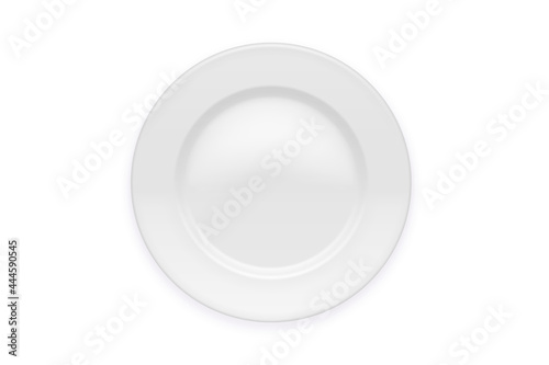 White plate isolated on white background. Kitchen dishes for food, kitchen, porcelain dishware. eramic empty round dish bowl for your product, tableware design element. Top view
