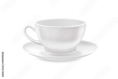 White tea cup and saucer for drink isolated on white background. Ceramic coffee cup or mug close up. Mock-up classic porcelain utensils.
