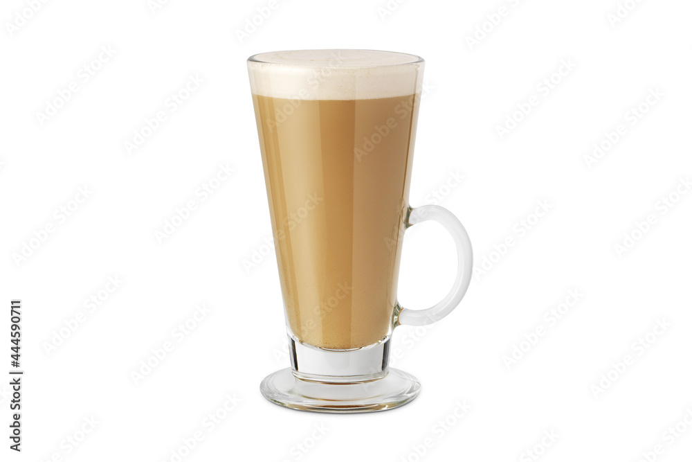 Latte macchiato in beautiful cup on an isolated white background with natural shadow. Cappuccino foamy coffee and milk drink in a transparent glass cup. Chai Latte pouring shot. Chai Latte Drink. Latte macchiato in beautiful cup on an isolated white background with natural shadow. Cappuccino foamy coffee and milk drink in a transparent glass cup. Chai Latte pouring shot. Chai Latte Drink.
