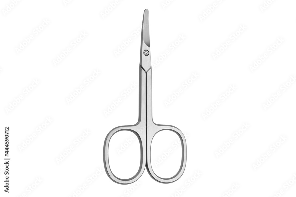Nail scissors isolated on a white background. Small metal or steel manicure scissors. Nail clippers or nail cutter close up. Nail scissors isolated on a white background. Small metal or steel manicure scissors. Nail clippers or nail cutter close up.