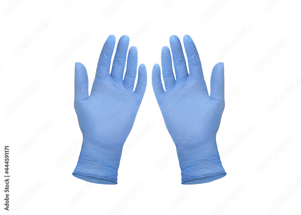 Medical nitrile  blue surgical gloves isolated on white  background with hands. Rubber glove manufacturing, human hand is wearing a  latex glove. Doctor or nurse putting on protective gloves Stock Photo |