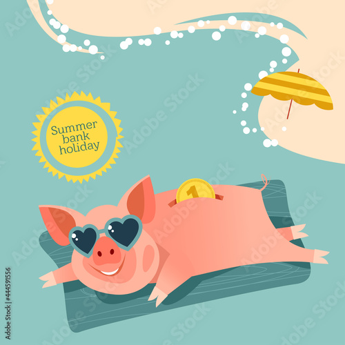 Summer bank holiday. Piggy bank in sunglasses resting on an inflatable beach mattress on the sea.