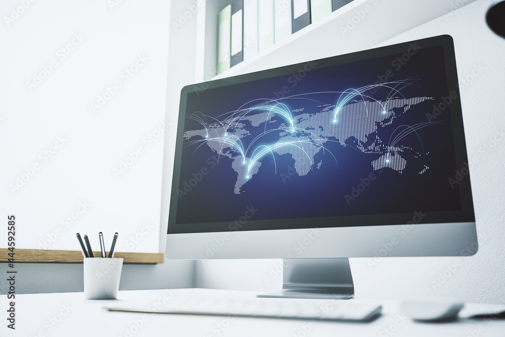 Modern computer monitor with abstract digital world map with connections, research and strategy concept. 3D Rendering Modern computer monitor with abstract digital world map with connections, research and strategy concept. 3D Rendering