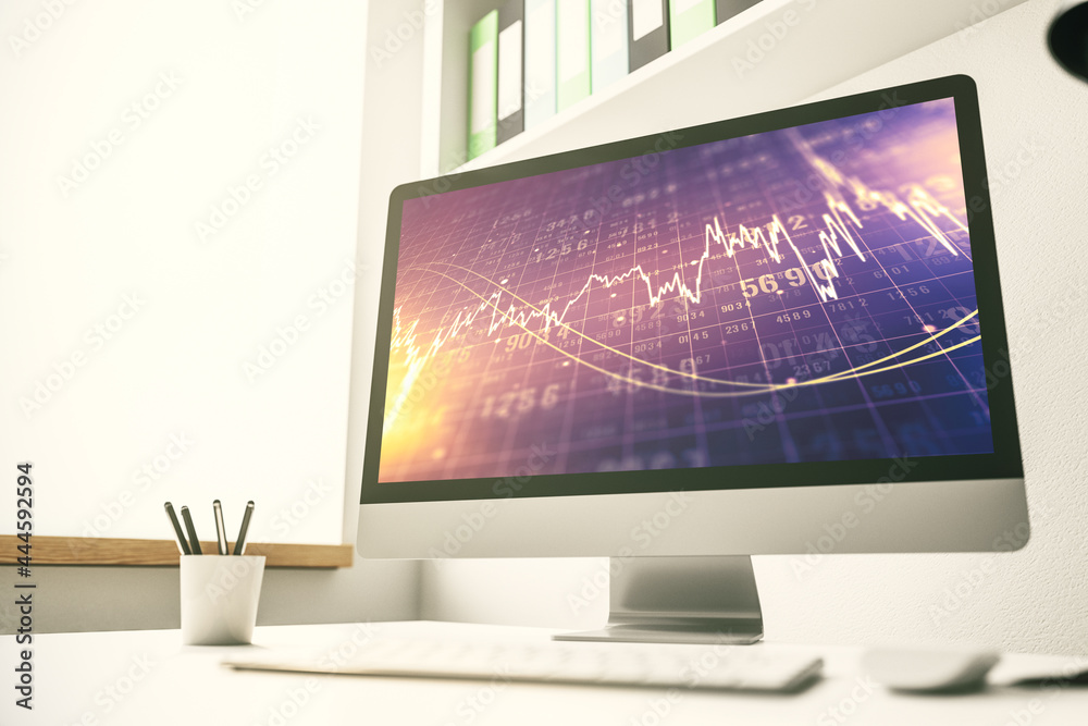 Abstract creative financial graph on modern laptop screen, forex and investment concept. 3D Rendering Abstract creative financial graph on modern laptop screen, forex and investment concept. 3D Rendering