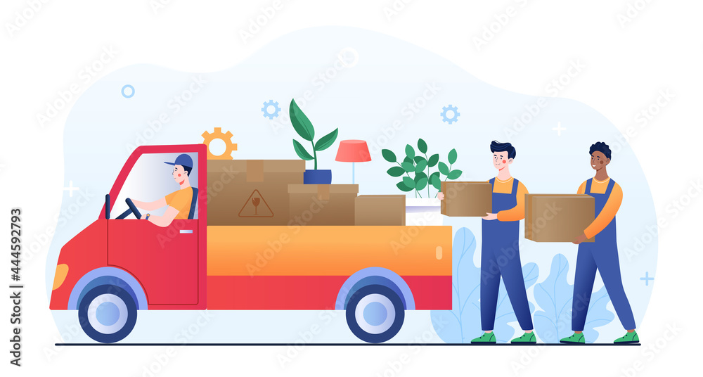 Vecteur Stock Young male workers are loading stuff in a truck as a moving  home service. Concept of moving home service, pick up box car loading home  furniture. Truck full of boxes.