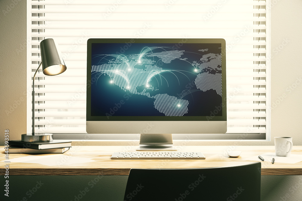Modern computer monitor with abstract digital world map with connections, research and strategy concept. 3D Rendering