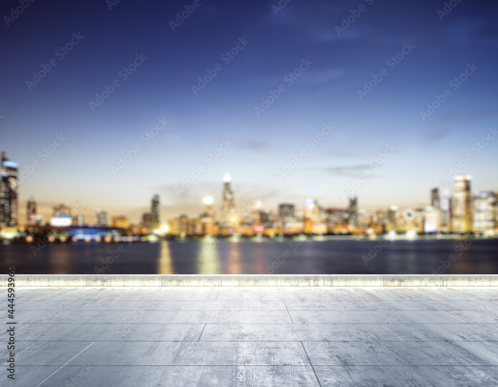 Empty concrete dirty embankment on the background of a beautiful Chicago city skyline at night, mockup