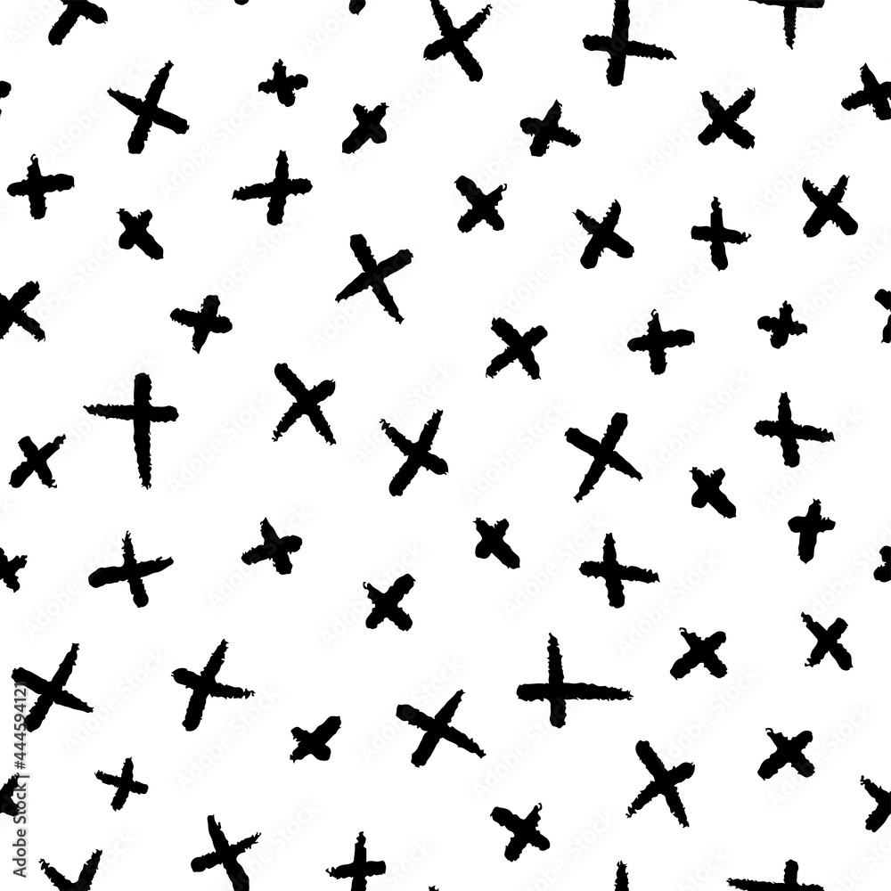 Black ink different small crosses isolated on white background. Monochrome geometric seamless pattern. Vector simple flat graphic hand drawn illustration. Texture. Black ink different small crosses isolated on white background. Monochrome geometric seamless pattern. Vector simple flat graphic hand drawn illustration. Texture.
