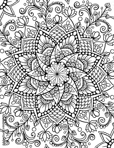 Ornamental mandala adult coloring book page. Zentangle style coloring page. Arabic, Indian ornament.