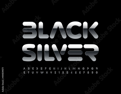 Vector Black Silver Alphabet set. Futuristic metallic Font. Techno style chrome Letters and Numbers