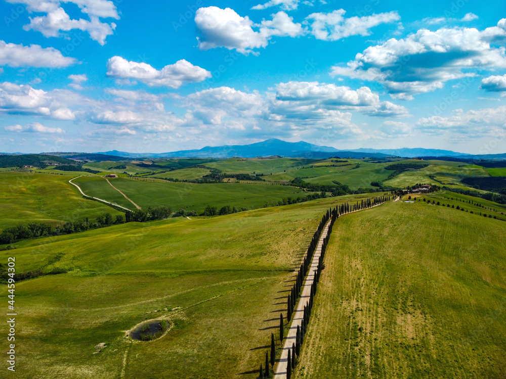 Pienza, Italy May 20 2021- aerial view of the Orcia valley in spring with drone