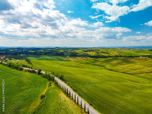 Pienza  Italy May 20 2021- aerial view of the Orcia valley in spring with drone
