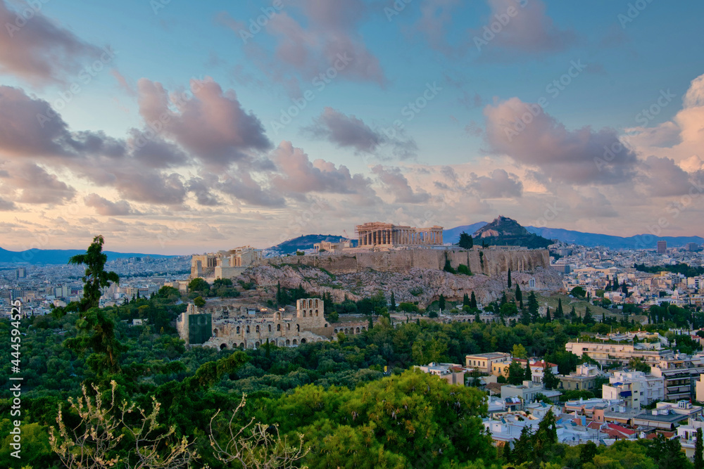 Athens Greece, Parthenon old temple on Acropolis hill under dramatic sky scenic view