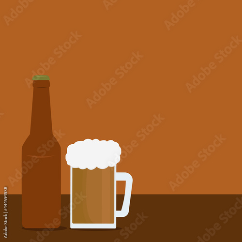 beer bottle next to glass on wooden table with brown background