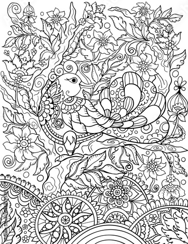 Ornamental bird coloring book page in folk, Indian, ethnic style