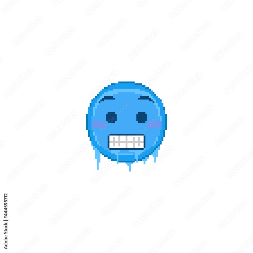 Pixel art cold Emoji face icon. Vector cute pixel chill blue emoticon. Cute frozen Emoji in