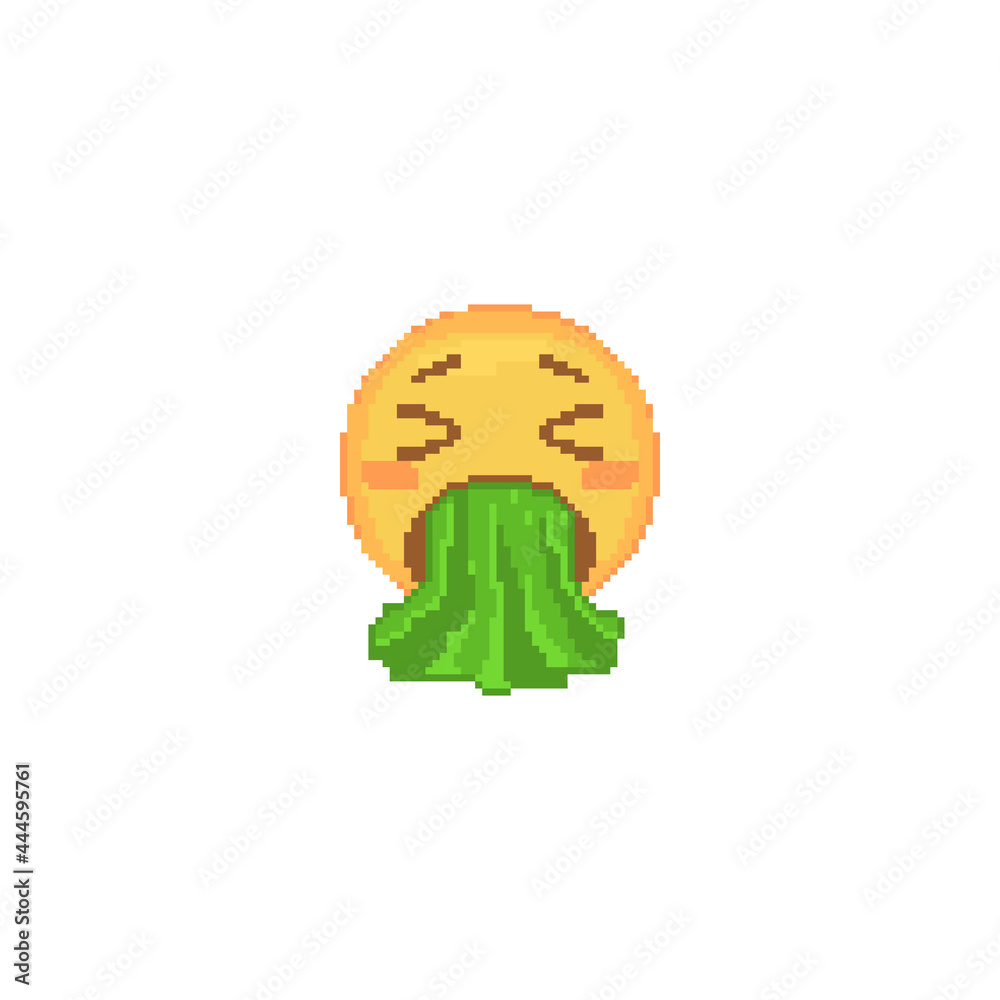 Pixel art Vomiting Emoji Face icon. Vector cute pixel throwing up