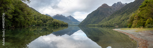 Tranquil lake Gunn in Fiordland National Park, landscape reflecting on the water surface, New Zealand