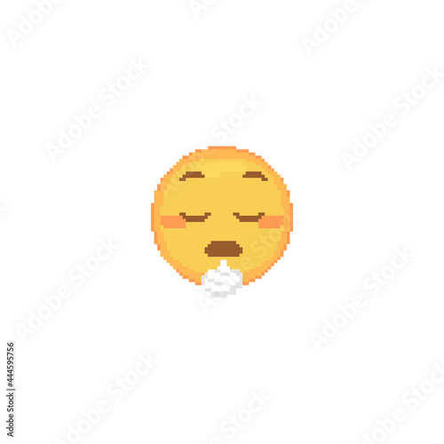 Pixel art Exhaling Emoji Face icon. Vector cute pixel exhaustion emoticon. Smoke Emoji in retro pixel 8 bit style. Sigh emoji yellow face isolated icon.