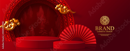 Podium round stage podium and paper art Chinese new year,Chinese Festivals, Mid Autumn Festival , red paper cut ,flower and asian elements with craft style on background.