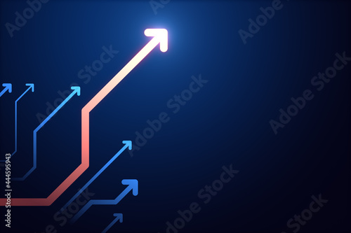 Abstract glowing digital arrows on blue backdrop with mock up place. Digital transformation, growth and data concept. Landing page. 3D Rendering.