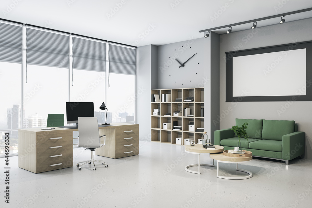 Light office interior with bright city view, clock, furniture, bookcase, empty white poster and decorative items. Mock up, 3D Rendering. - obrazy, fototapety, plakaty 