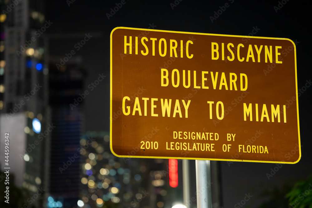 Night photo Historic Biscayne Boulevard Gateway to Miami road sign