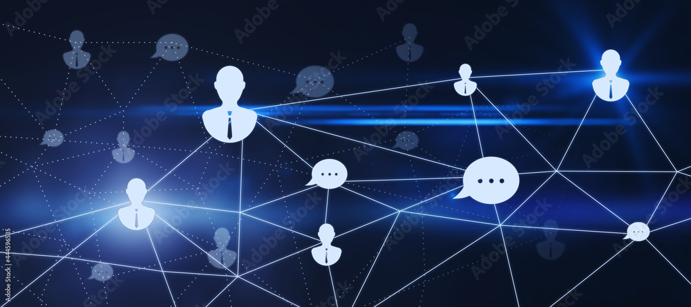 Wide glowing people connections hologram on blue background. Online recruiting, connectivity and network concept. 3D Rendering. - obrazy, fototapety, plakaty 