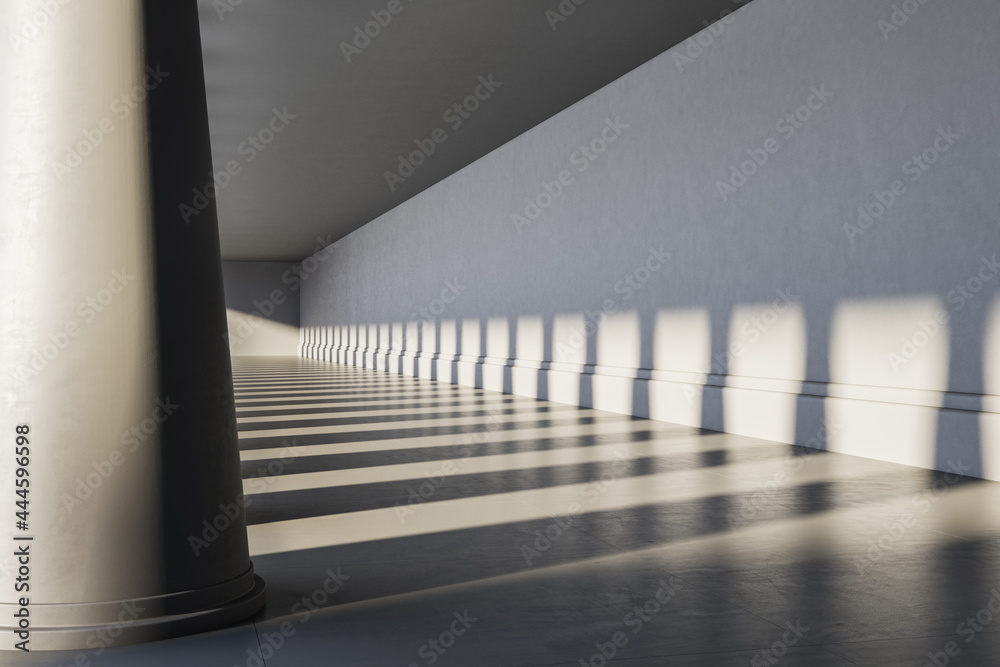 Creative grey concrete interior with columns and mockup place. 3D Rendering.
