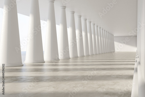 Clean white concrete interior with columns and mockup place. 3D Rendering.