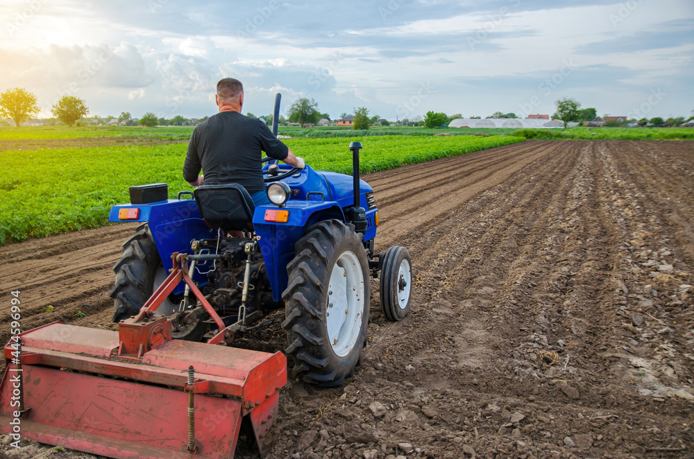 Obraz premium A farmer on a tractor looks at the farmer's field. Work on the plantation, preparing the soil for subsequent planting with new crops. Land cultivation. Farming, agriculture.