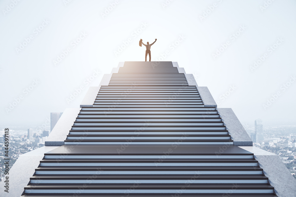 Happy businessman standing on top of staircase on bright sky background. Success and achievement concept. Happy businessman standing on top of staircase on bright sky background. Success and achievement concept.