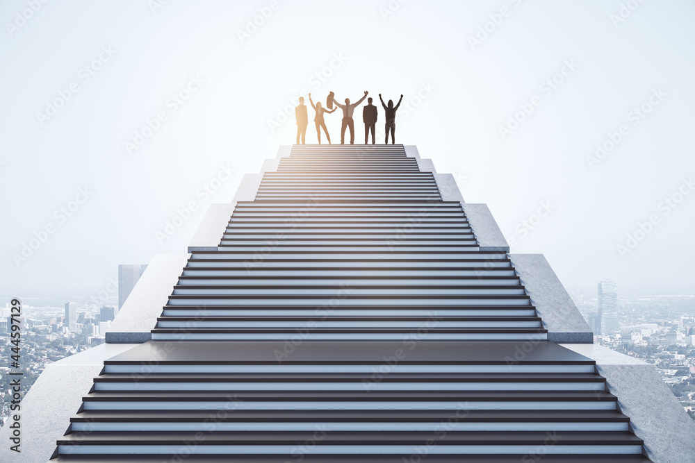 Happy businesspeople standing on top of staircase on bright sky background. Success Happy businesspeople standing on top of staircase on bright sky background. Success