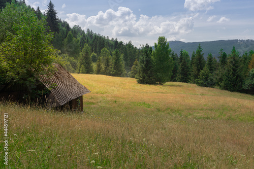 Fototapeta Naklejka Na Ścianę i Meble -  Polana wśród lasu z drewnianą chatą, Szczyrk.