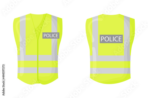 Police vest. Reflective safety vest. Vector, isolated.