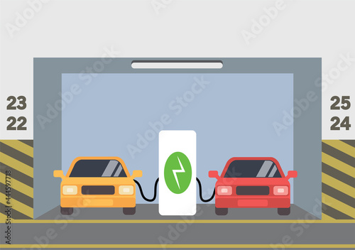 Parking by electric cars, charging station, parking, eco concept, vector, illustration