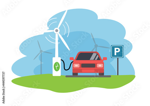 Charging the electric car in the parking lot with wind energy, eco mobile, charging station, vector, illustration