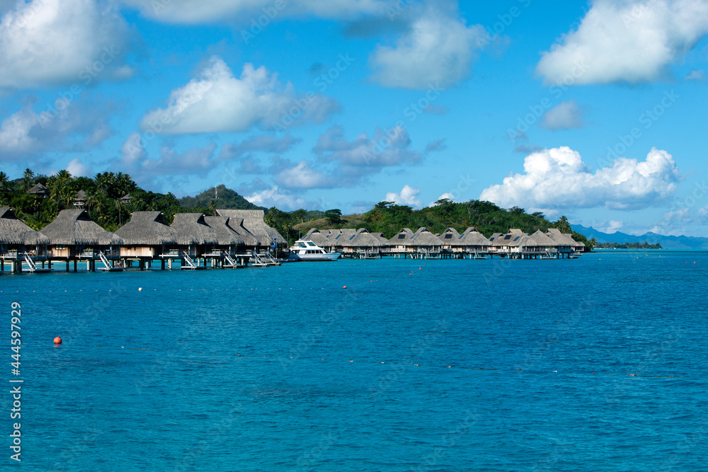 seacoast with palm trees and small houses on water. seacoast with palm trees and small houses on water.